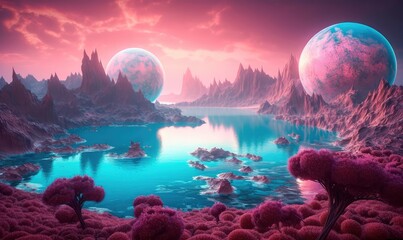 Leinwandbilder Purpur A magical landscape of a turquoise lake surrounded by mountains, trees and bubbles in a vast alien desert. Generative AI  © keks20034