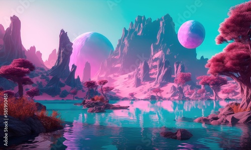 A magical landscape of a turquoise lake surrounded by mountains, trees and bubbles in a vast alien desert. Generative AI © keks20034