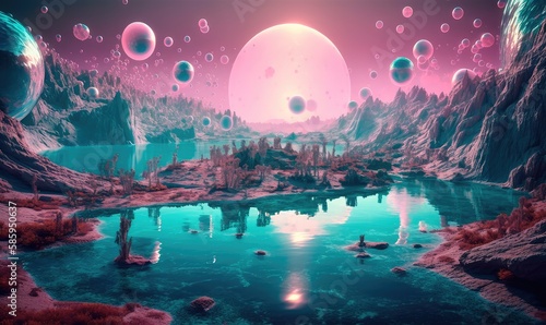 A magical landscape of a turquoise lake surrounded by mountains  trees and bubbles in a vast alien desert. Generative AI