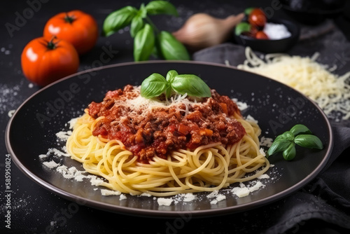 Top view of a plate of steaming Spaghetti Bolognese garnished with fresh basil leaves and grated Parmesan cheese, generative ai