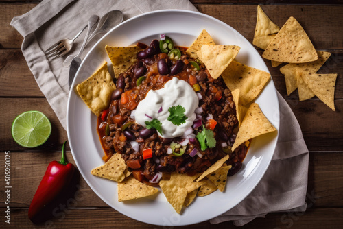 Top view of a plate of chili con carne with a dollop of sour cream, sliced jalapenos, and tortilla chips, generative ai
