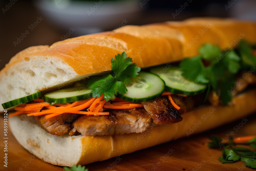 tempting macro shot of a Banh Mi sandwich with a crispy baguette, juicy pork belly, cucumber, carrot, daikon, and fresh herbs, generative ai tempting macro shot of a Banh Mi sandwich with a crispy baguette, juicy pork belly, cucumber, carrot, daikon, and fresh herbs, generative ai