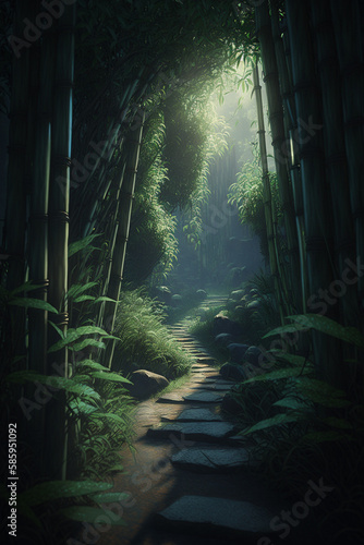 Beautiful bamboo forest with soft sunlight generative AI