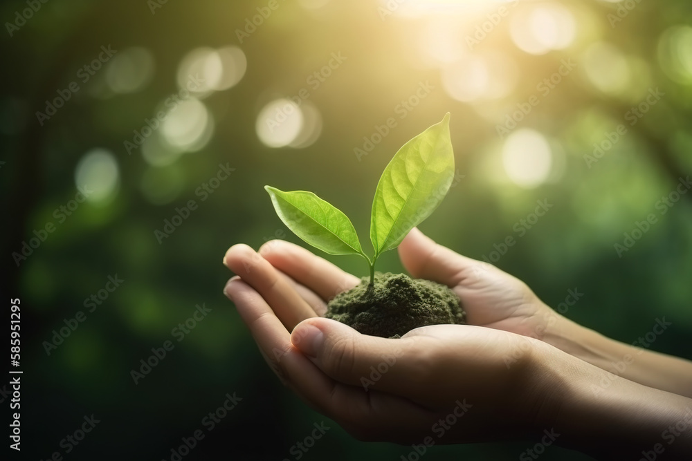 Female hands holding plant on nature green bokeh background. Earth day concept, created with Generative AI