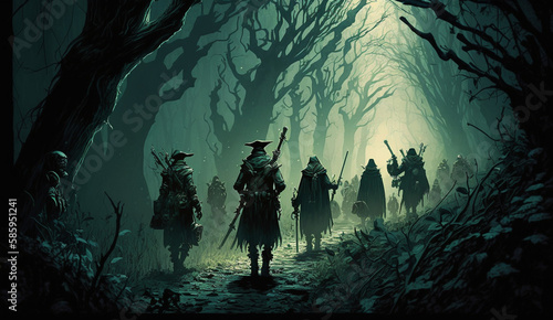 scary halloween background, several bodies of brigands cut to pieces with sword blows in a dark fantasy forest  © Ivan