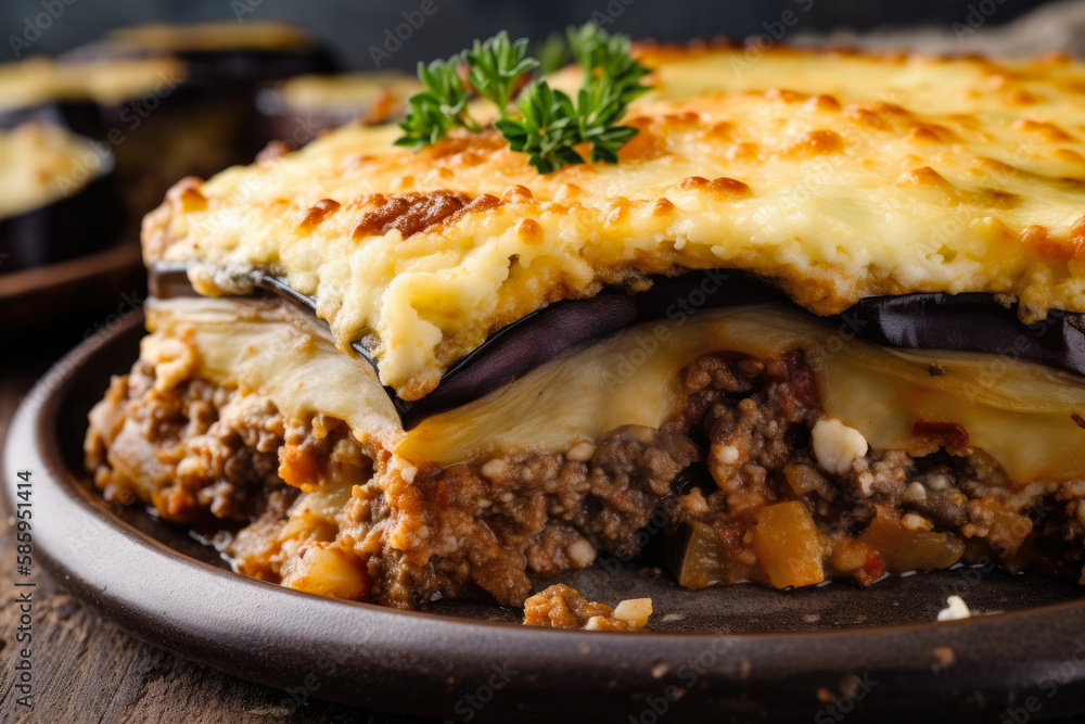 Sumptuous macro shot of Moussaka, a classic Greek casserole made with layers of eggplant, spiced beef, and potatoes, generative ai Sumptuous macro shot of Moussaka, a classic Greek casserole made with layers of eggplant, spiced beef, and potatoes, generative ai