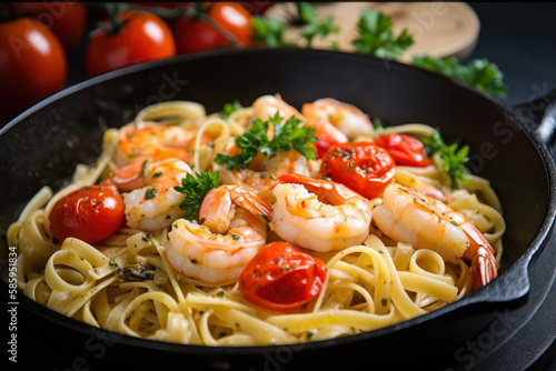 Steamy Shrimp Scampi Served in a Hot Pan with Linguine Pasta and Cherry Tomatoes, generative ai