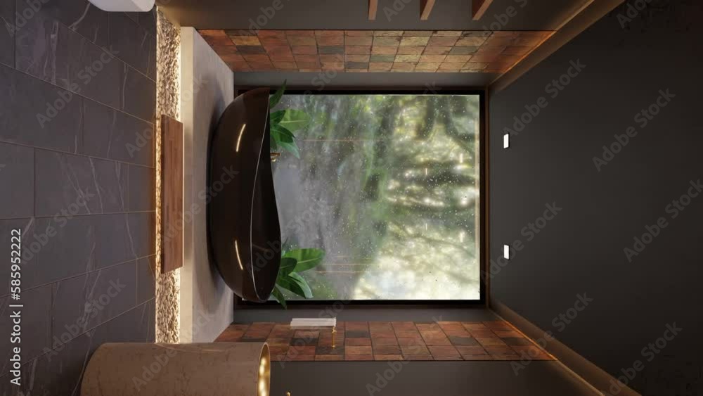 Vertical dolly backward shot of a black standalone bathtub with the forest in the background Vertical dolly backward shot of a black standalone bathtub with the forest in the background