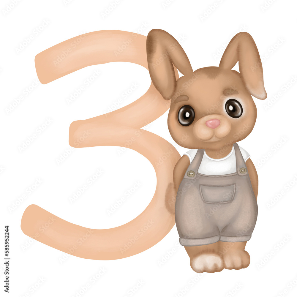Fototapeta premium Baby bunny gender neutral in denim overalls standing near beige number three watercolor illustration. Hand drawn aquarelle illustration design for birthday greeting cards, invitations.