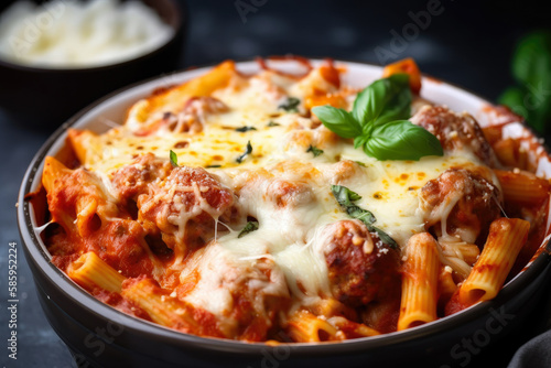 steaming hot bowl of baked ziti with delicious tomato sauce, mozzarella cheese, and meatballs, topped with fresh basil and grated Parmesan cheese, generative ai