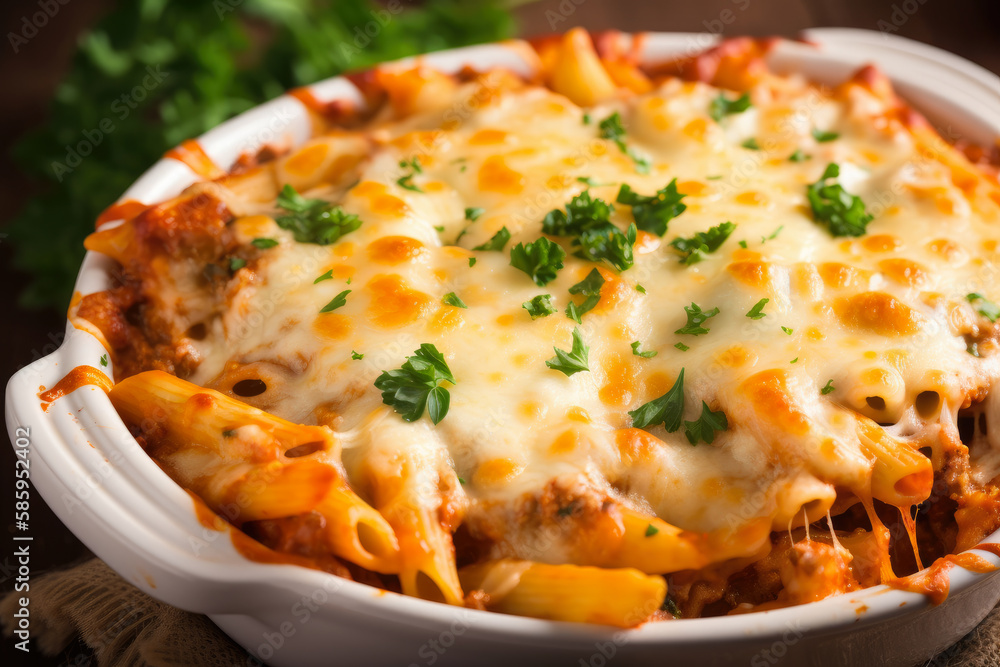 Steam rising from a delicious baked ziti, served in a white ceramic dish with melted cheese on top and sprinkled with fresh herbs, generative ai
