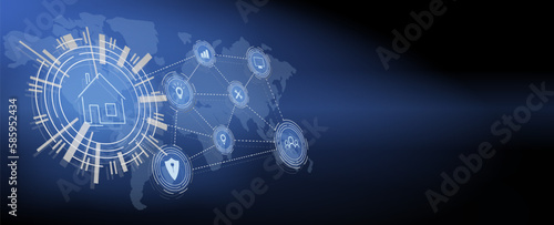 Banner of Smart Home technology. The building consists of numbers and is connected by icons of household smart devices. Intelligent home management system. 
