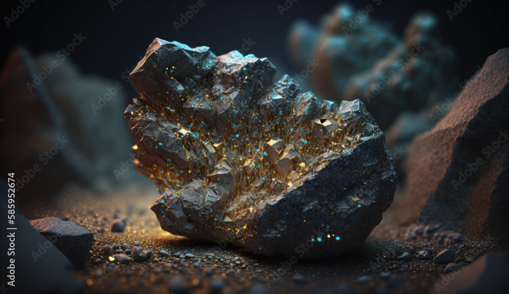 unprocessed precious metal ore mined in a well. Nuggets: gold, titanium, steel, cobolt. Created with AI.