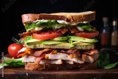 Stacked club sandwich with layers of grilled chicken, crispy bacon, avocado, lettuce, and tomato on a wooden board, generative ai