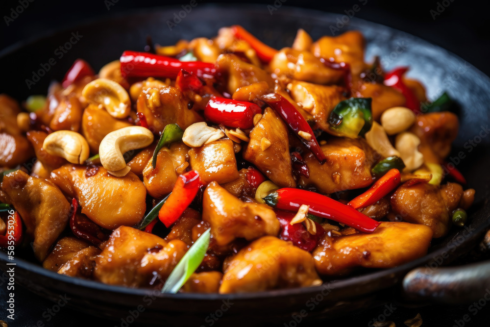 Spicy Kung Pao Chicken served in a sizzling wok with vibrant red