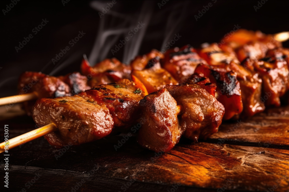 Spicy Kebab Meat on a Skewer with Charred Edges and Tasty Marinade, generative ai