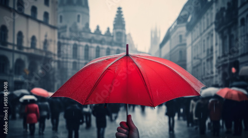 Businessman hand holding red umbrella over crowd on blurry dull city background. Risk, protection and safety concept Generative AI