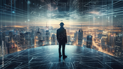 Businessman walking on virtual reality platform to futuristic smart city of opportunity with internet network connection on high building Generative AI