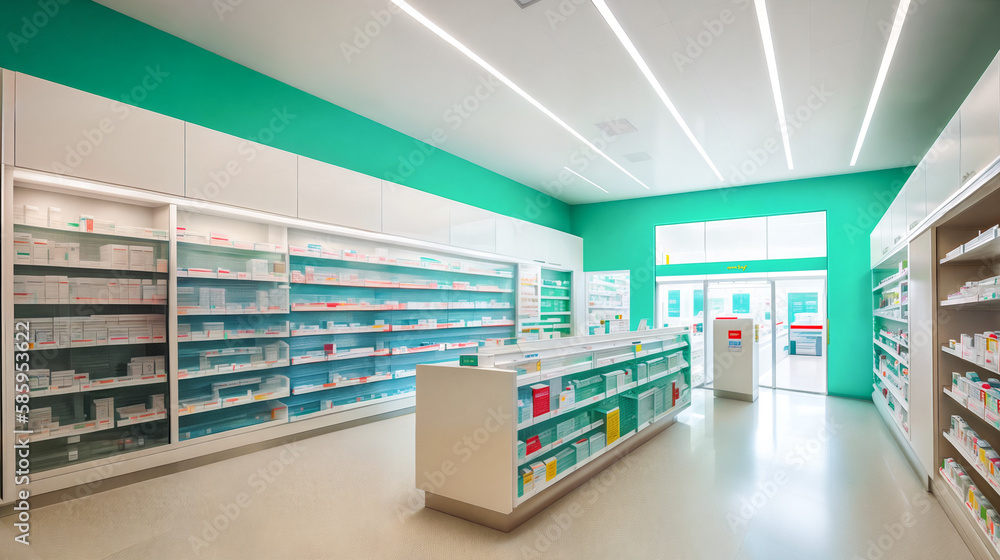 Modern interior of a large, spacious, empty light pharmacy. Generative AI.