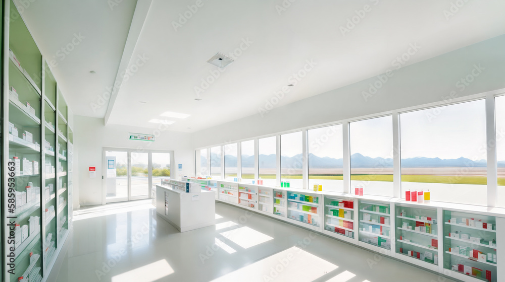 Modern interior of a large, spacious, empty bright pharmacy with sunlight through large panoramic windows. Generative AI.