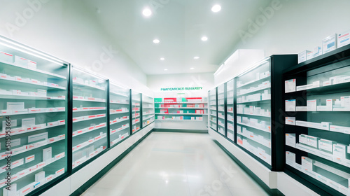 Modern interior of a large, spacious, empty light pharmacy. Generative AI. © Sergiy