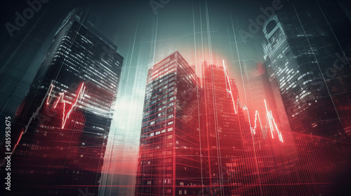 Investing, trading and real estate market crisis concept with digital red financial chart candlestick and graphs on modern skyscraper tops bottom Generative AI photo