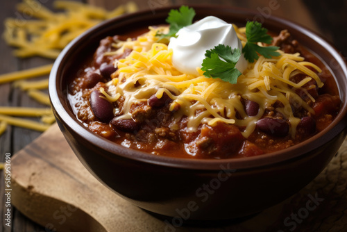 Spicy and Flavorful Chili Con Carne with Melted Cheese and Sour Cream Topping, generative ai