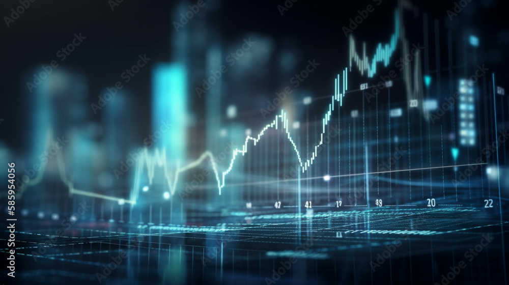 Stock market growth and investment concept on abstract blank dark blurred background with bokeh and raising financial chart graphs mock up Generative AI - obrazy, fototapety, plakaty 