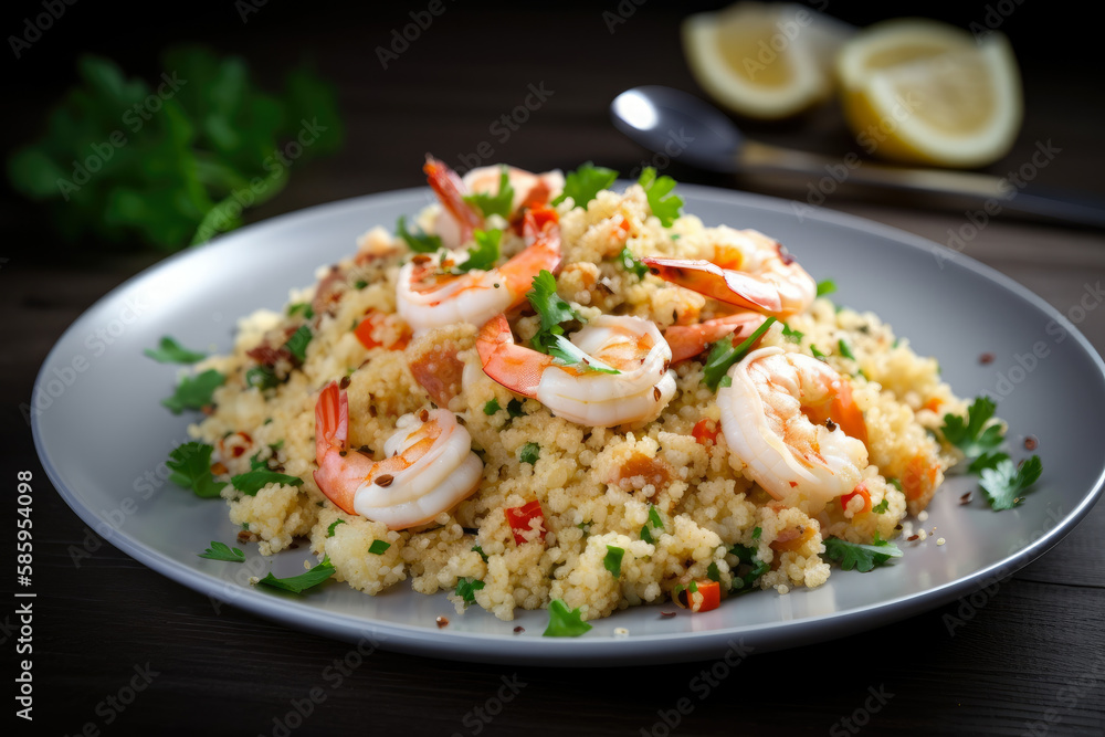 Shrimp Scampi with Red Pepper Flakes and Parmesan Cheese on a Bed of Quinoa, generative ai Shrimp Scampi with Red Pepper Flakes and Parmesan Cheese on a Bed of Quinoa, generative ai