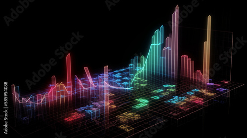 3D illustration of fnancial business chart with diagrams and stock numbers showing profits and losses over time dynamically Generative AI photo