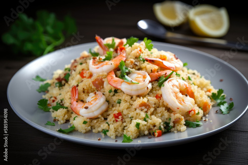 Shrimp Scampi with Red Pepper Flakes and Parmesan Cheese on a Bed of Quinoa, generative ai