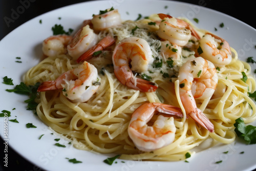 Shrimp Scampi Pasta with a generous portion of juicy shrimp, al dente pasta, and flavorful garlic butter sauce, topped with Parmesan cheese and fresh herbs, generative ai