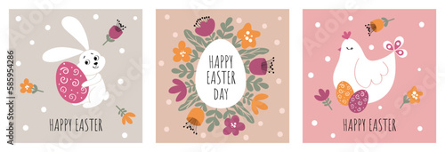 Happy easter. A set of cute vector illustrations with rabbit, chicken, Easter eggs and flowers. Cartoon Easter symbols. Suitable for posting on social networks, posters, banners, covers or postcards.