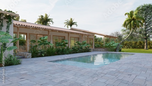 Wooden house and white polished concrete  seen from the pool and the beautiful green garden.