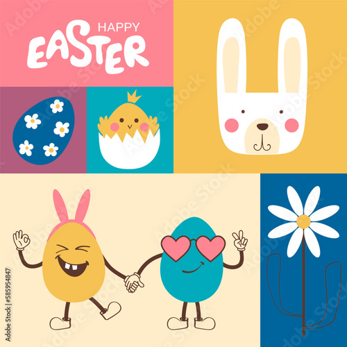 Happy easter. Vector modern Easter background in retro style. Cartoon Easter symbols: eggs, rabbit, chicken. Suitable for posting on social networks, posters, banners, covers or postcards. photo
