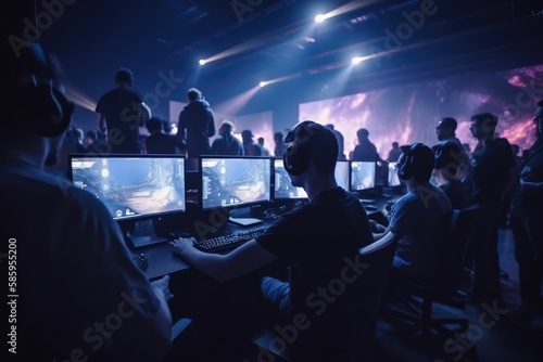 World Cup.Cybersport team involved in online tournament in gaming club . Team of professional cybersport gamers in gaming tournament Generative AI