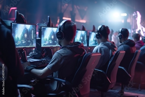 World Cup.Cybersport team involved in online tournament in gaming club . Team of professional cybersport gamers in gaming tournament Generative AI