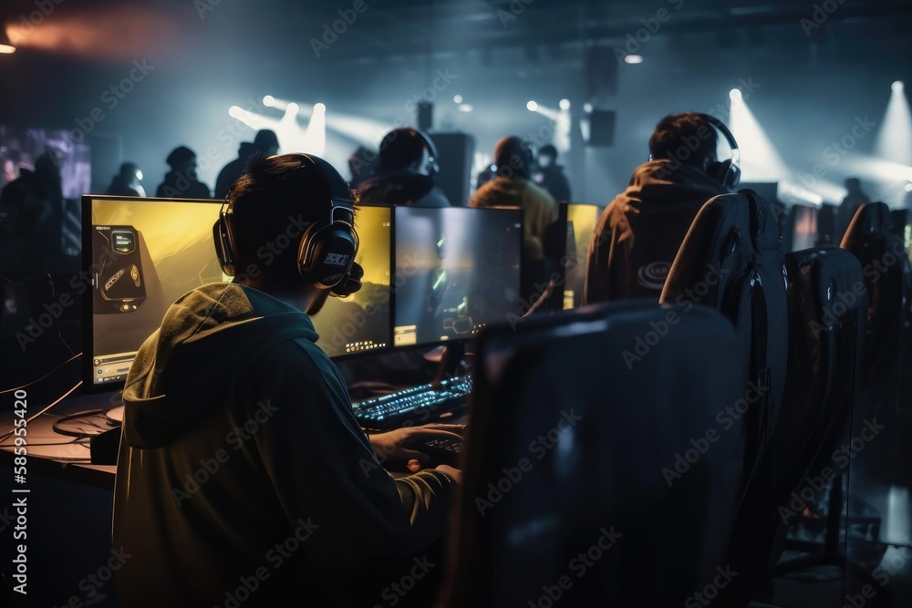 World Cup.Cybersport team involved in online tournament in gaming club . Team of professional cybersport gamers in gaming tournament Generative AI World Cup.Cybersport team involved in online tournament in gaming club . Team of professional cybersport gamers in gaming tournament Generative AI