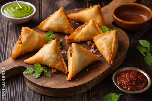 plate of mouth-watering samosas with a spicy and flavorful ground lamb filling, garnished with chopped onion and served with mint chutney, generative ai