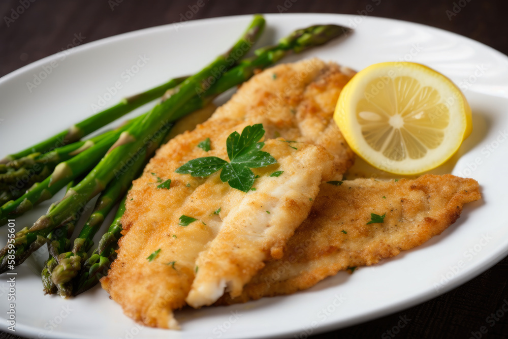 Pan-fried catfish fillets with a buttery lemon sauce and a side of garlicky roasted asparagus, generative ai Pan-fried catfish fillets with a buttery lemon sauce and a side of garlicky roasted asparagus, generative ai