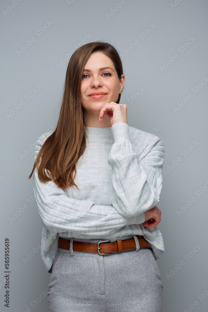 Portrait of happy woman in casual light clothing. Portrait of happy woman in casual light clothing.