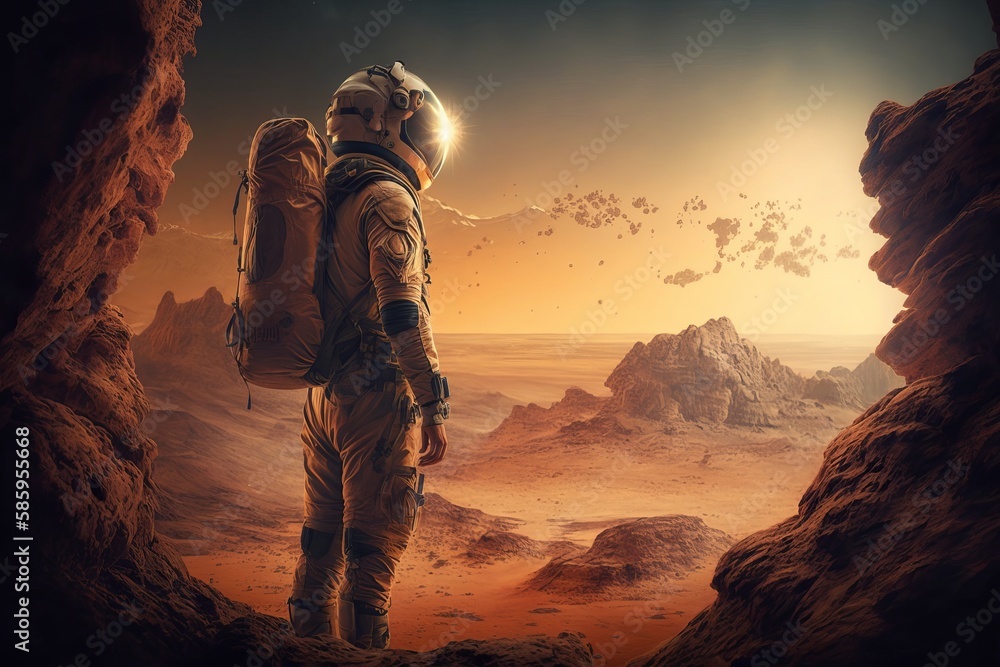 Astronout on Mars Standing and looking out at the Martian landscape. Generative AI Astronout on Mars Standing and looking out at the Martian landscape. Generative AI