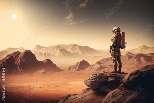 Astronout on Mars Standing and looking out at the Martian landscape. Generative AI