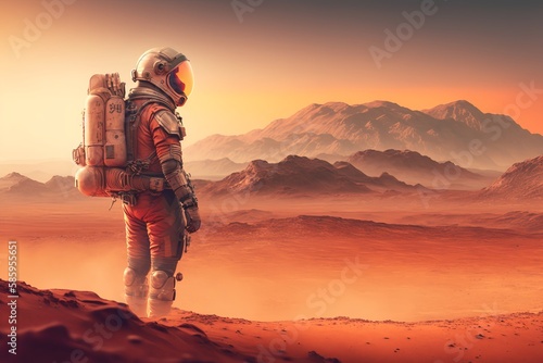 Astronout on Mars Standing and looking out at the Martian landscape. Generative AI © Diatomic