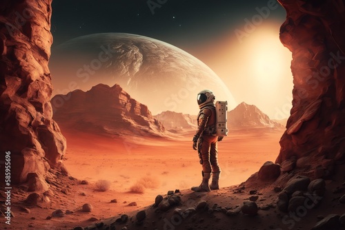 Astronout on Mars Standing and looking out at the Martian landscape. Generative AI