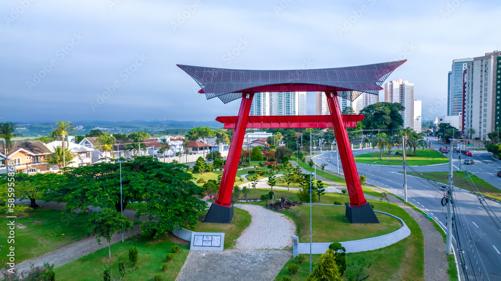 Aerial view of Riugi Kojima Square in Sao Jose dos Campos, Brazil. Japanese monument and garden Aerial view of Riugi Kojima Square in Sao Jose dos Campos, Brazil. Japanese monument and garden