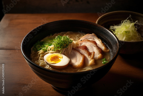Mouth-watering view of a classic chicken ramen bowl featuring tender chicken slices, narutomaki fish cake, and a soy-based broth, generative ai