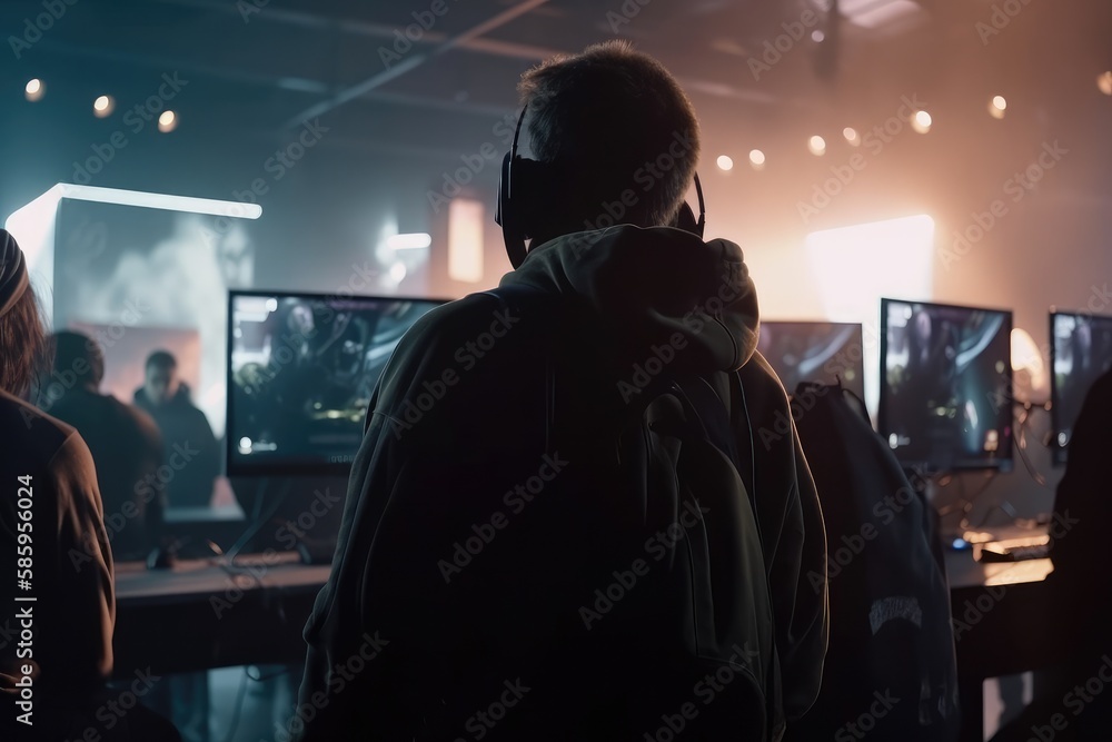 World Cup.Cybersport team involved in online tournament in gaming club . Team of professional cybersport gamers in gaming tournament Generative AI World Cup.Cybersport team involved in online tournament in gaming club . Team of professional cybersport gamers in gaming tournament Generative AI
