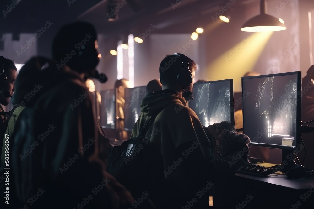 World Cup.Cybersport team involved in online tournament in gaming club . Team of professional cybersport gamers in gaming tournament Generative AI