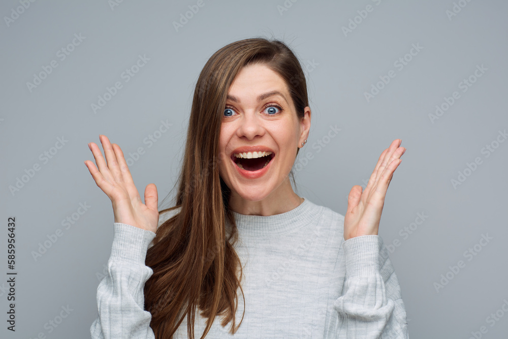 Exited girl emotional isolated portrait. Push hands up. Exited girl emotional isolated portrait. Push hands up.